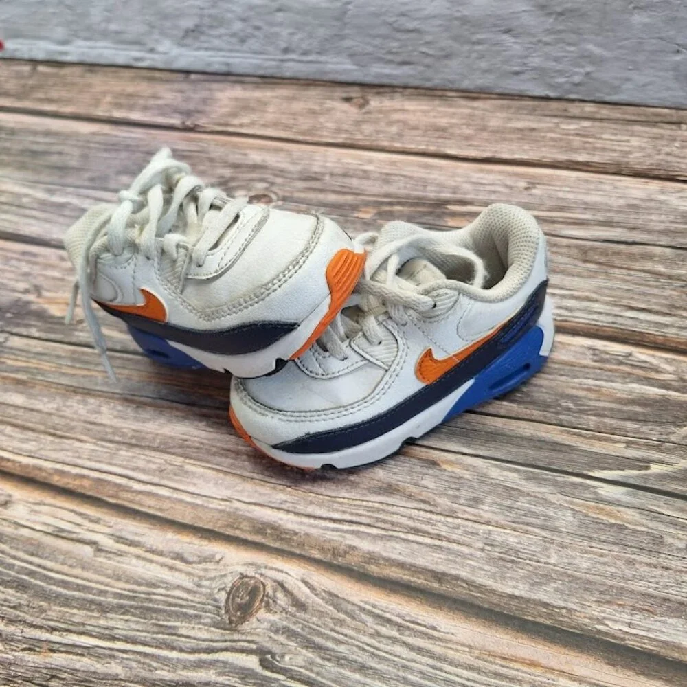 Little Kids Nike Air Max‎ 90 Leather TD White Midnight Navy Sneakers  Size 7